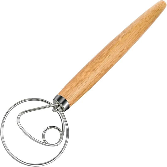 Danish Dough Whisk Dutch Bread Mixer Stainless Steel Hook Wooden Handle Baking Tools for Sourdough Pizza Pastry Cake Batter Making