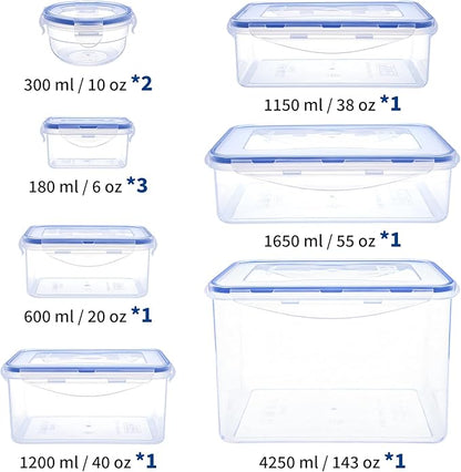 KIGI Food Storage Containers Set, Assorted Size Variety Pack, Airtight Leak Proof Lids, Stackable BPA-Free Multi-Use for Meal Prep, Leftovers, Kitchen & Fridge Freezer Organization, 20 Piece Set