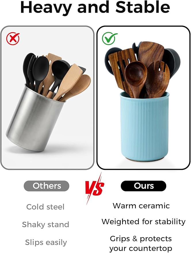 LoeJan Utensil Holder, Extra Large Utensil Crock, Stable Ceramic Utensil Organizer, Cooking Tool Organizer Set for Kitchen Counter Farmhouse Décor, Turquoise - Image 5