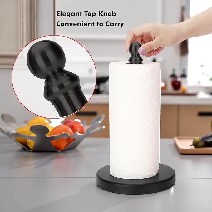Paper Towel Holder Countertop, Standing Paper Towel Roll Holder for Kitchen Bathroom, with Weighted Base for One-Handed Operation (Black) - Image 4