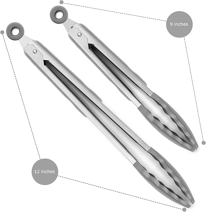 2 Pack Silicone Kitchen Tongs – 9" & 12" Set, Heat Resistant up to 500°F, Non‑Stick Cookware Safe, Wavy Silicone Tips, BPA Free, Locking Clip & Hanging Loop, Grey - Image 4