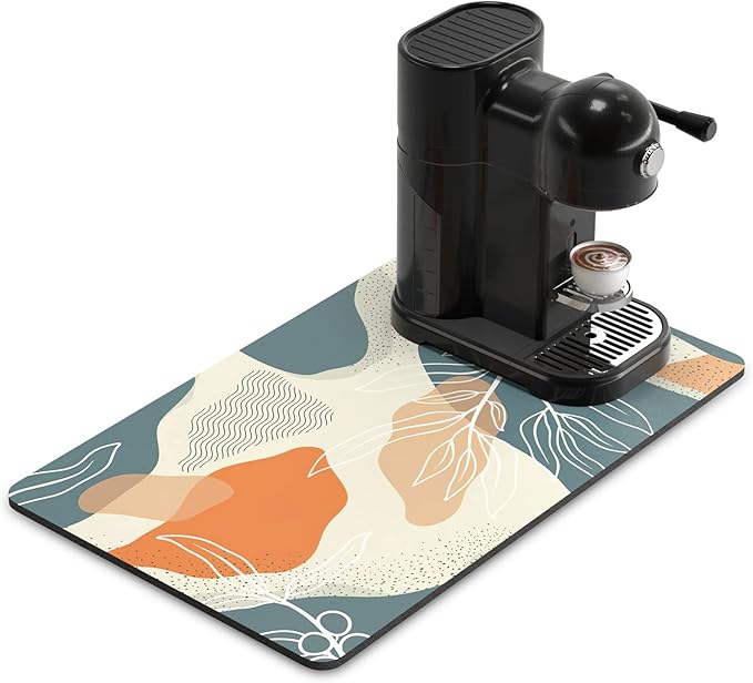 Rnivvi Coffee Mat, 12" x 19" Cute Boho Theme Coffee Bar Mats for Espresso Machine Station Accessories and Organizer, Hide Stain Rubber Backed Absorbent Dish Drying Pad for Kitchen Counter, Leaves by Rnivvi