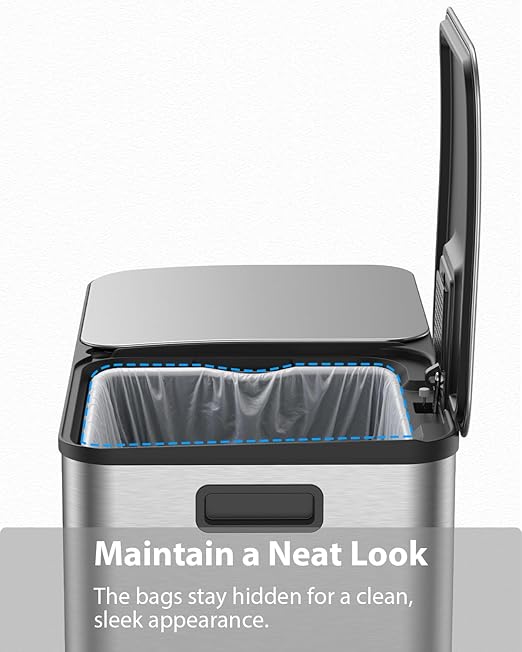 Dual Trash and Recycling Bins for Kitchen, 2×13 Gallon (2× 50L) Stainless Steel Trash and Recycle Bin Combo with Soft-Close Lid, Large Garbage Cans for Kitchen Home with 2 Magnets Sticker, Silver