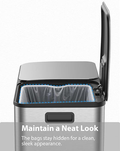 Dual Trash and Recycling Bins for Kitchen, 2×13 Gallon (2× 50L) Stainless Steel Trash and Recycle Bin Combo with Soft-Close Lid, Large Garbage Cans for Kitchen Home with 2 Magnets Sticker, Silver