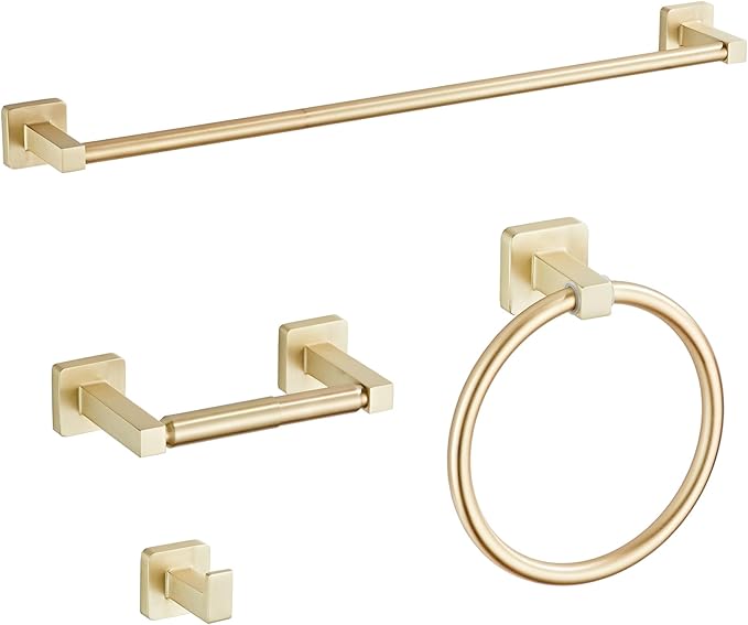 Brusehd Light Gold Bathroom Hardware Set 4 Pieces,Bathroom Accessories Set Stainless Steel Wall Mounted, Hand Towel Bar, Towel Ring, Robe Towel Hooks,Toilet Paper Holder,Towel Bar Set, 23.6 Inch… by bluebyrne