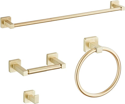Brusehd Light Gold Bathroom Hardware Set 4 Pieces,Bathroom Accessories Set Stainless Steel Wall Mounted, Hand Towel Bar, Towel Ring, Robe Towel Hooks,Toilet Paper Holder,Towel Bar Set, 23.6 Inch… by bluebyrne