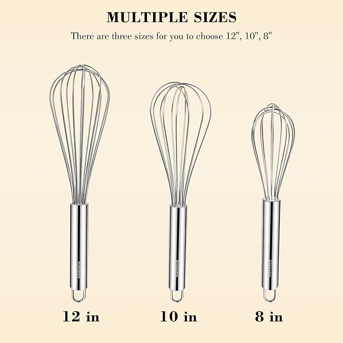 NileHome Stainless Steel Whisk Set 8" 10" 12" Kitchen Whisk Balloon Whisk Kitchen Wisk Wire Whisks for Cooking, Whisking, Blending, Beating, Stirring-3 Pack… - Image 2