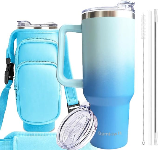 40oz Stainless Steel Double Vacuum Tumbler with Handle, Straw Lid, Carrier Bag, Purse Pouch Phone Pocket, Gym Water Bottle Travel Mug and Sleeve Holder for Men Women (Blue)