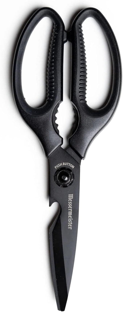 Messermeister 9-Inch Push Button Take-Apart Shears - High-Carbon Stainless Steel & Soft-Grip Handles - Includes Nut Cracker & Bottle Opener by Messermeister