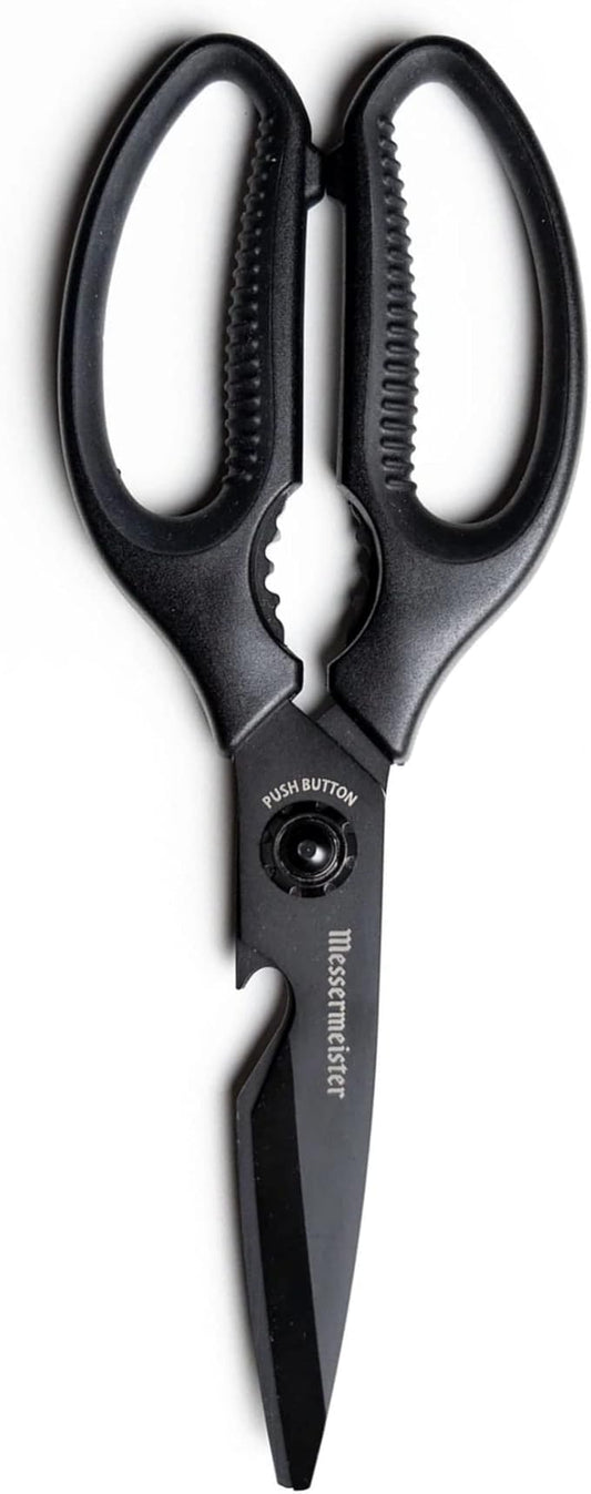 Messermeister 9-Inch Push Button Take-Apart Shears - High-Carbon Stainless Steel & Soft-Grip Handles - Includes Nut Cracker & Bottle Opener by Messermeister