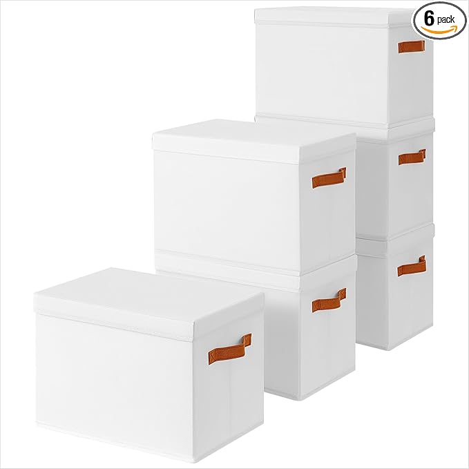 Homsorout Storage Bins with Lids - Fabric Storage Baskets for Shelves, 6 Pack Foldable Decorative Boxes with Handles, Stackable Organizer Bins for Home, Nursery, Dorm, White