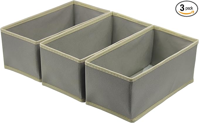 Bructhun Sock Drawer Organizer 3 Pack - Foldable Fabric Storage Bins for Underwear Divider, Small Closet Organizers with 3 Compartments, Light Gray by Bructhun