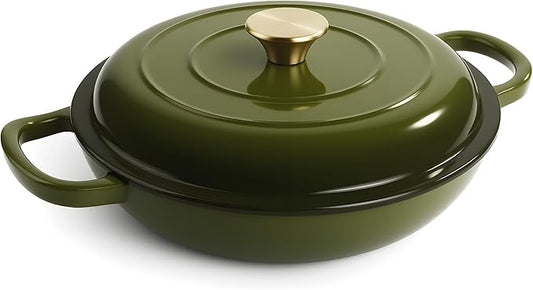 3 Quart Enameled Cast Iron Braiser, Non Stick Enameled Cast Iron Skillet with Lid, Dutch Oven Skillet with lid up to 500°F for Oven, Stove, Grill, Shallow Dutch Oven for Cook, Bake (Golden Green)