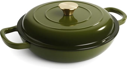 Vintage Style 3 Quart Enameled Cast Iron Braiser, Non Stick Enameled Cast Iron Skillet with Lid, Dutch Oven Skillet with lid up to 500°F for Oven, Stove, Grill, Shallow Dutch Oven for Cook, Bake (Gloden Green) by Unknown