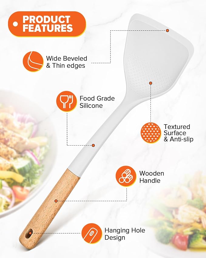 Silicone Cooking Utensils Set, Perfectly Angled for Frying, Mixing,Serving,Draining,Turning and Stirring, BPA-Free Matte Silicone, Wood Handles, Safe for Nonstick Cooking Surfaces,4 Pack (White) - Image 4