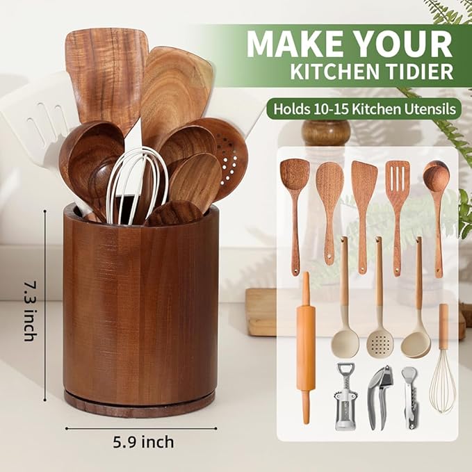 Wooden Utensil Holder, 360°Rotating 7.3'' Large Utensil Holder for Kitchen Counter, Kitchen Utensil Organizer, Utensil Crock, Farmhouse Kitchens Countertop Decor, Walnut-finish - Image 3