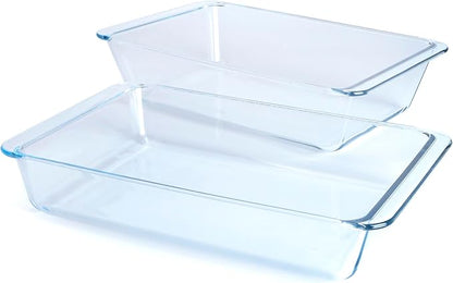 Set of 2 pcs Tempered Glass Baking Dish Set, Deep and Classic Borosilicate Glass Baking Dish Set (5.4L+4.2L). Oven, Microwave, Refrigerator and Dishwasher Safe.