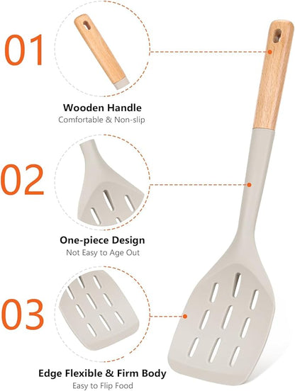 Pack of 2 Silicone Spatula, Non Stick Cooking Utensil Set Wooden Handle Kitchen Turner for Baking Mixing Grilling Serving Food Heat Resistant Non Scratch Hooks Included (Khaki) - Image 3