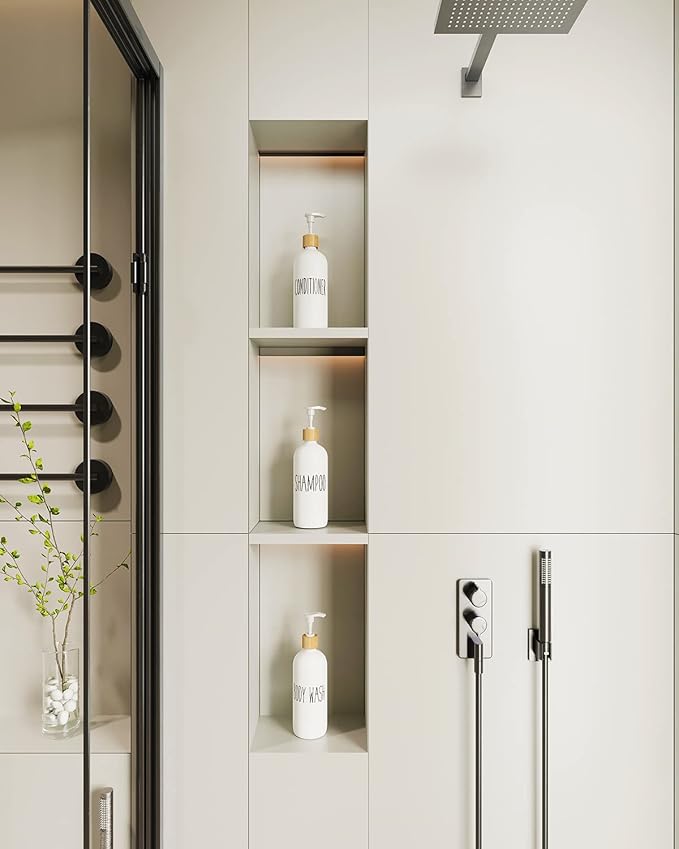 Shampoo and Conditioner Dispenser Set - Easy to Read Labels - Pump Bottle Dispenser for Shampoo, Conditioner, Body Wash - Glass Refillable Containers for Shower - Image 3