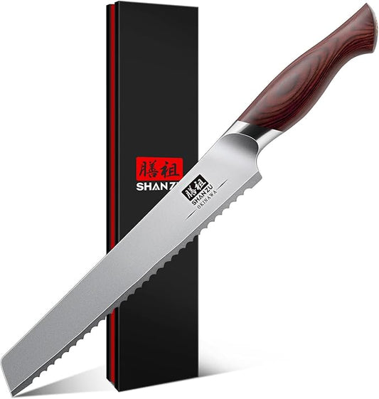 SHAN ZU Bread Knife 8 Inch, Japanese High Carbon 10Cr15Mov Stainless Steel Cake Knife, Razor Sharp Sourdough Slicing Knife, Multifunction Serrated knife for Homemade Bread by SHANZU