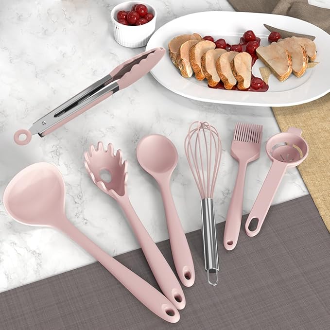 AOTHOD Silicone Cooking Utensils Set - 446°F Heat Resistant Kitchen Utensils, Spatula,Turner Tongs,Spoon,Whisk,Kitchen Utensil Gadgets Tools Set for Nonstick Cookware,Dishwasher Safe BPA Free(Pink) - Image 3