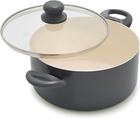 GreenLife 5 Quart Nonstick Stock Pot with Lid, Non-Toxic Ceramic Pot, Dishwasher Safe, Induction Ready, Fast Heating, Stay-Cool Handles, Kitchen Casserole, Soup, Pasta, Easy Clean, Graphite Black