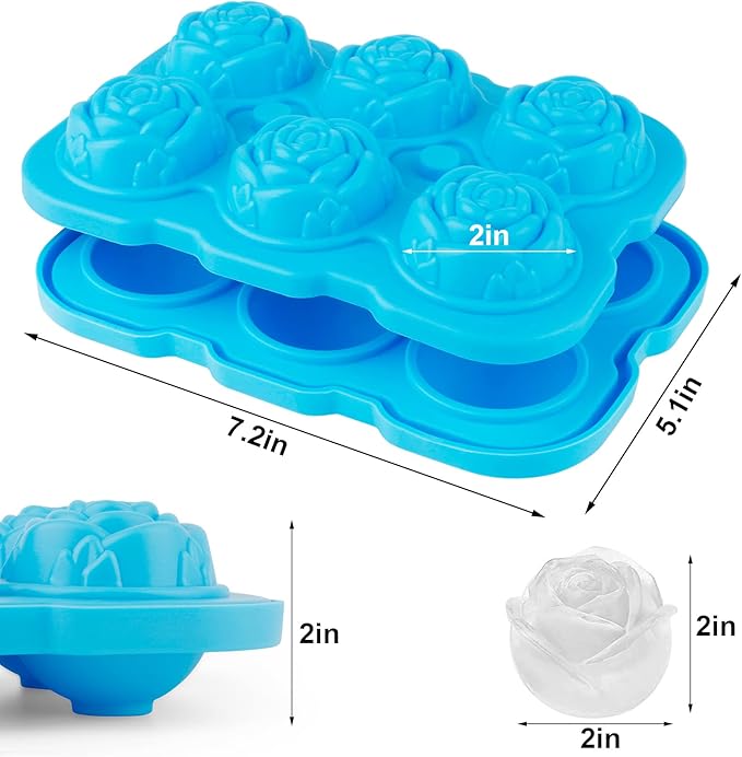 Ice Cube Tray, Mikiwon 2 inch Rose Ice Cube Trays With Covers, 6 Cavity Silicone Rose Ice Ball Maker, Easy Release Large Ice Cube Form for Chilled Cocktails, Whiskey, Bourbon & Homemade Juice (Blue) - Image 2