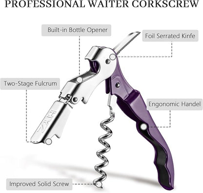 HYZ 2-Pack Wine Opener Waiter Corkscrew, Professional Wine Key for Servers, Bartender with Foil Cutter, Manual Wine Bottle Opener Double Hinged (Plum) - Image 2