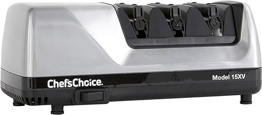 Chef'sChoice 15XV Professional Electric Knife Sharpener with Durable Metal Housing & 100-Percent Diamond Abrasives and Precision Angle Guides for Straight Edge and Serrated Knives, 3-Stage, Metallic by ChefsChoice