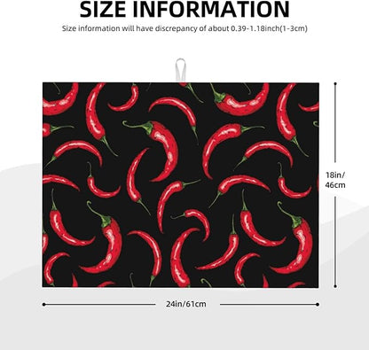 Chili Pepper Dish Drying Mat Red Hot Chili Pepper Black Drying Rack Pad Countertop Dishes Ultra Absorbent Microfiber Kitchen Counter Mat 18x24 Inch