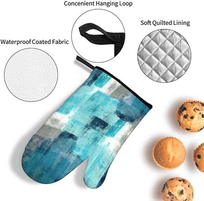 LOKMU Oven Mitts and Pot Holders Set of 3, Teal and Grey White Abstract Art Heat Resistant Kitchen Gloves Hot Pads for Cooking Baking BBQ, Kitchen Decor Gifts for Cooking Lover Cooks