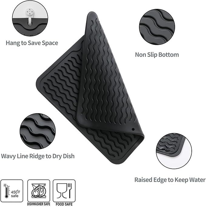 MicoYang Silicone Dish Drying Mat for Multiple Usage,Easy clean,Eco-friendly,Heat-resistant Silicone Mat for Kitchen Counter or Sink,Refrigerator or Drawer liner Black M 12 inches x 12 inches - Image 2