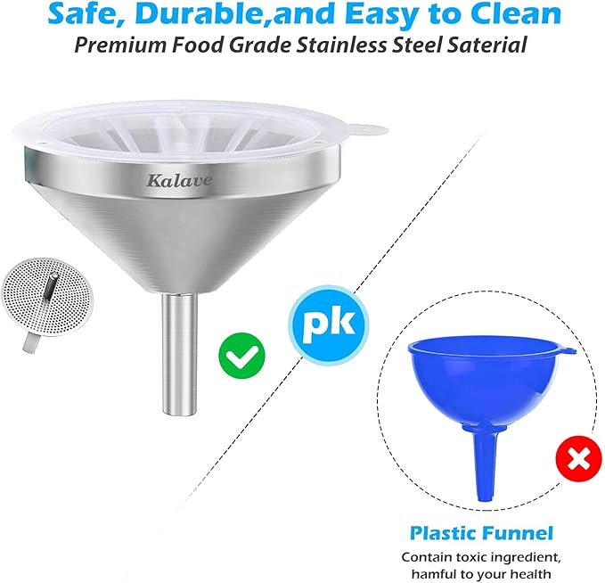 KALAVE Premium Stainless Steel Funnel, 5 Inch Food Grade Kitchen Funnels with 200 Mesh Food Filter Strainer for Filling Bottles, Oils, Juice, Wine, Coffee, Milk - Image 4