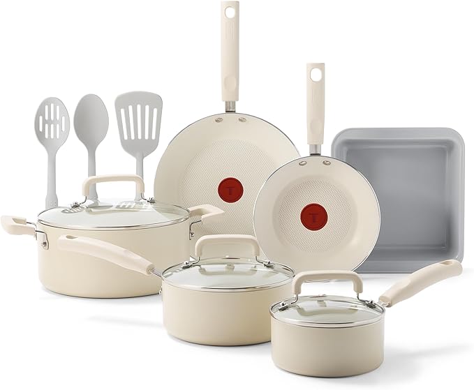 T-fal Signature Nonstick 12 Piece Cookware Set, Oven Safe Up to 350°F, Dishwasher Safe, Pots and Pans Set, Includes Frying Pans, Saucepan, Stockpot, Cooking Utensils, Cream by T-falbrand