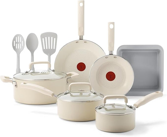 T-fal Signature Nonstick 12 Piece Cookware Set, Oven Safe Up to 350°F, Dishwasher Safe, Pots and Pans Set, Includes Frying Pans, Saucepan, Stockpot, Cooking Utensils, Cream by T-falbrand