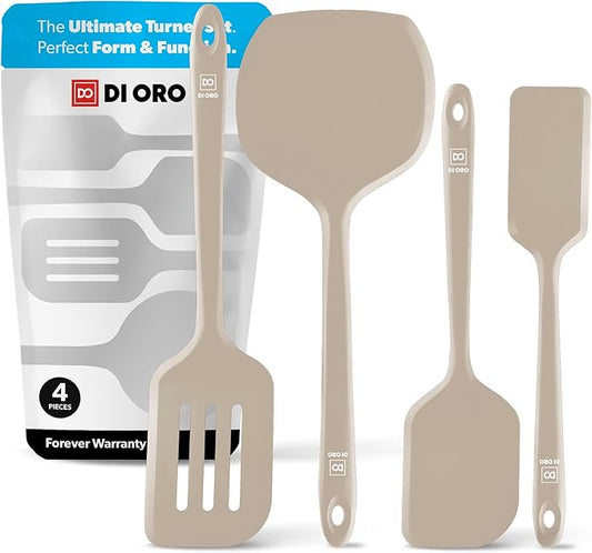 New DI ORO Silicone Turner Spatula Set - Kitchen Spatulas for Nonstick Cookware - Cooking Utensils for Flipping Eggs & Pancakes - 600°F Heat-Resistant BPA Free Turners - Dishwasher Safe (4pc, Clay) by DIORO