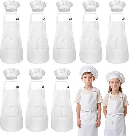 Kids Apron and Chef Hat Set, 16 Pieces Boys Girls Kids Apron with 2 Pockets Adjustable for Cooking Classroom Baking Painting, 6-13 Years, White