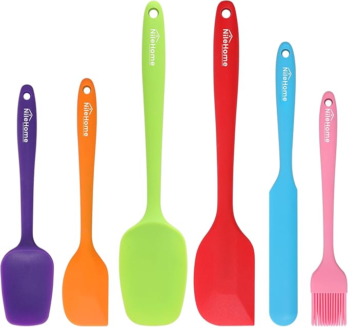 NileHome Silicone Spatula Set, 6 Pieces Food Grade Kitchen Utensils with Silicone Brush Heat Resistant Dishwasher Safe BPA-Free Rubber Spatula for Scraping, Baking, Cooking, Mixing-Multicolor by NileHome