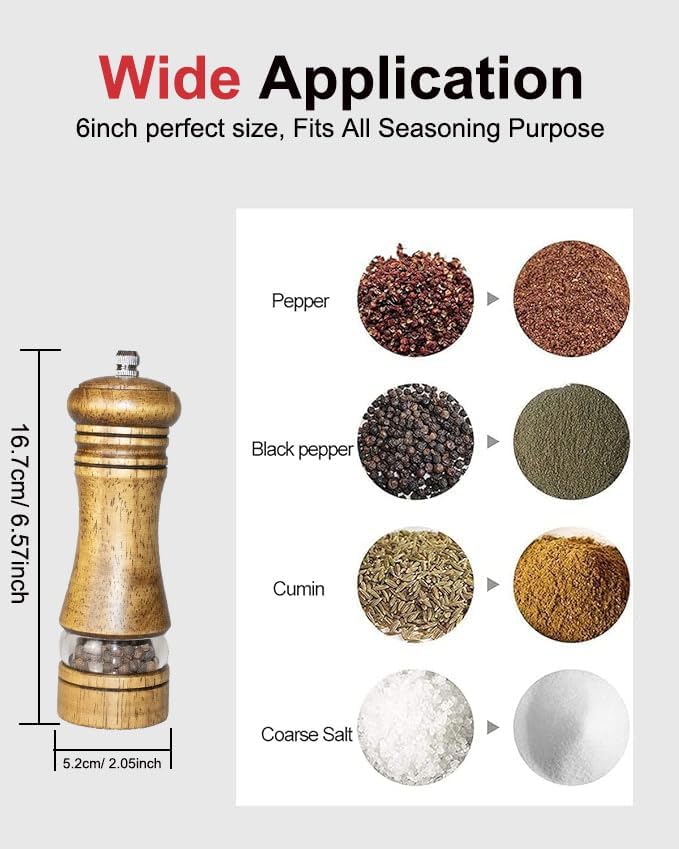 6-Inch Wooden Pepper Grinder Salt Grinder, Refillable Manual Pepper Mill, Adjustable Coarseness, Salt and Peppercorn Grinder, Easy Clean - Image 2