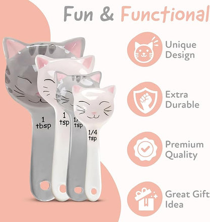 Cat Shaped Ceramic Measuring Spoons - Gift for Any Cat Lover - Cat Ceramic Measuring Spoons Baking Tool - Creative Functional Kitchen Decor - Comes in White and Gray - Set of 4