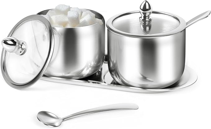 holoith 2 Pack Coffee and Sugar Dispenser with Tray - 10 oz Sugar Bowl with Glass Lid and Spoon for Coffee Bar Accessories Kitchen Storage for Salt,Coffees Bean,Brown Sugar Cubes (Silver) by Holoith
