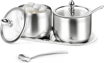 holoith 2 Pack Coffee and Sugar Dispenser with Tray - 10 oz Sugar Bowl with Glass Lid and Spoon for Coffee Bar Accessories Kitchen Storage for Salt,Coffees Bean,Brown Sugar Cubes (Silver) by Holoith