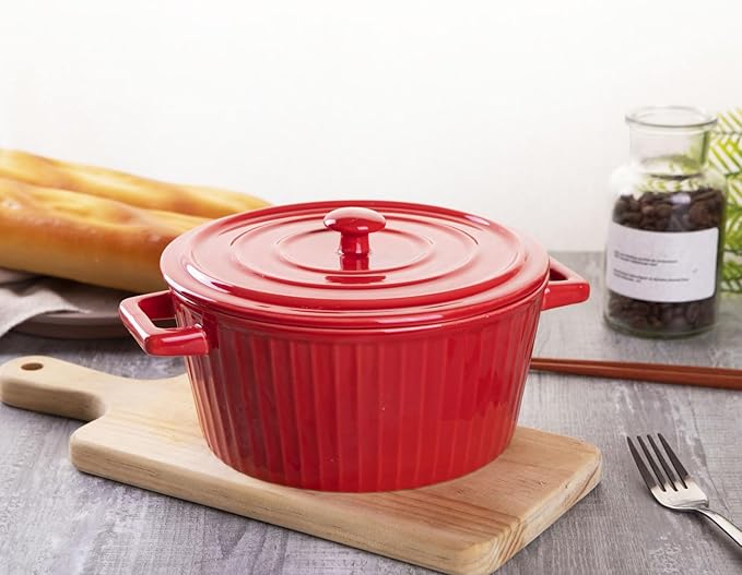 WHJY Red Colorful Ceramic Casserole Dish with Lid，1 Quart Ceramic Casserole Pan for Bakeware Oven