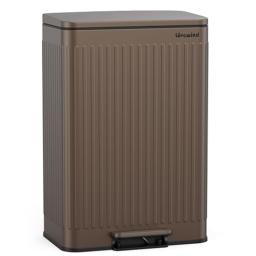 Lovewind 60 Liter/ 16 Gallon Stainless Steel Trash Can with Soft-Close Lid, Large Footstep Garbage Can with Roman Texture, Removable Inner Buckets, Recycling Bin for Kitchen Office, Brown