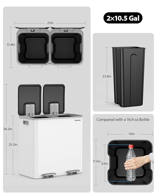 Lovewind Trash Can, 2 x 10.5 Gallon (2 x 40 L) Garbage Can for Kitchen Dual Compartment Recycling Kitchen Step Trash Bin, Stainless Steel Trash and Recycle Bin Combo with Soft-Close Lid, White - Image 7