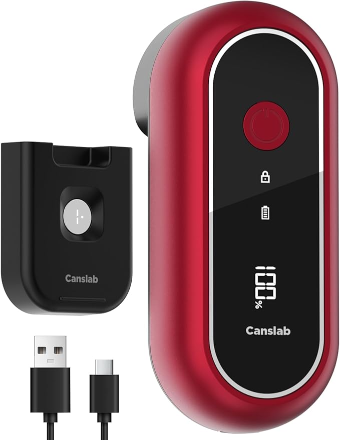 Canslab Turbo - Auto Shut Off Rechargeable Electric Can Openers - LED Battery Display USB Automatic Can Openerfor Kitchen for Seniors with Arthritis - One Touch Side Cut Can Opener Smooth Edge, Red by Canslab
