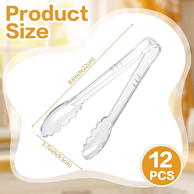 Mwellewm 12 Pc Serving Tongs 9 Inch Bulk Reusable or Disposable Plastic Tongs Heavy Duty Hard Plastic Serving Utensils Set Large Salad Tong for Kitchen Party Food Buffet Appetizer Catering (Clear） - Image 6