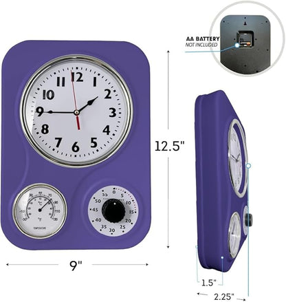 Lily's Home - 9.5 Inch x 12.5 Inch - Retro Kitchen Wall Clock, Vintage Wall Clock with a Thermometer and 60-Minute Timer, Ideal for Any Kitchen, Office, or Diner (Purple)