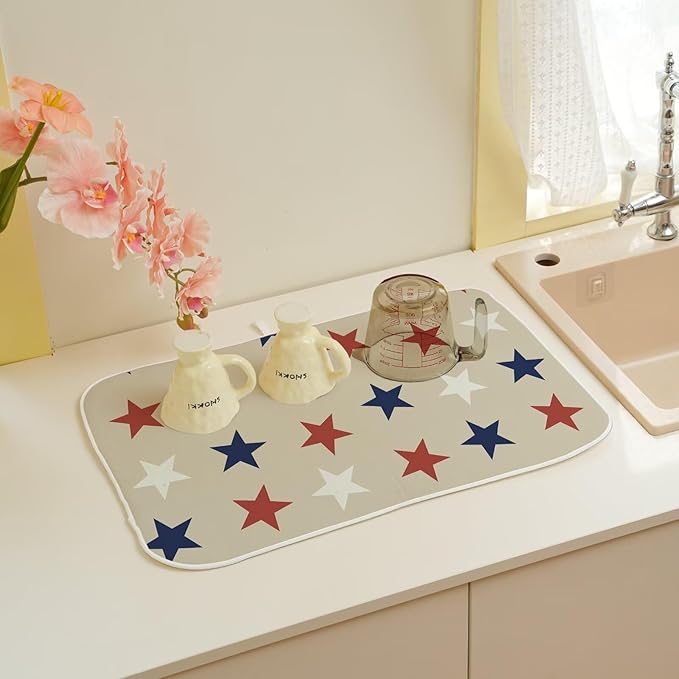 4th of July Dish Drying Mat 18 x 24 inch Independence Day Blue Red White Stars Patriotic Decorative Drying Mats Microfiber Absorbent Dish Washable Draining Mat for Kitchen Counter Decor