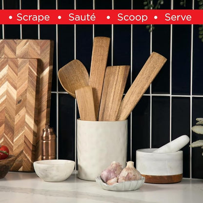 SLATE & ROYCE 5-Piece Acacia Wood Utensil Set, Non-Toxic Wooden Kitchen Tools with Tapered Edges, Heat-Resistant, For Non-Stick Frying Pan, Cast Iron Skillet, Flat Spatulas, Scraper & Spoon Set